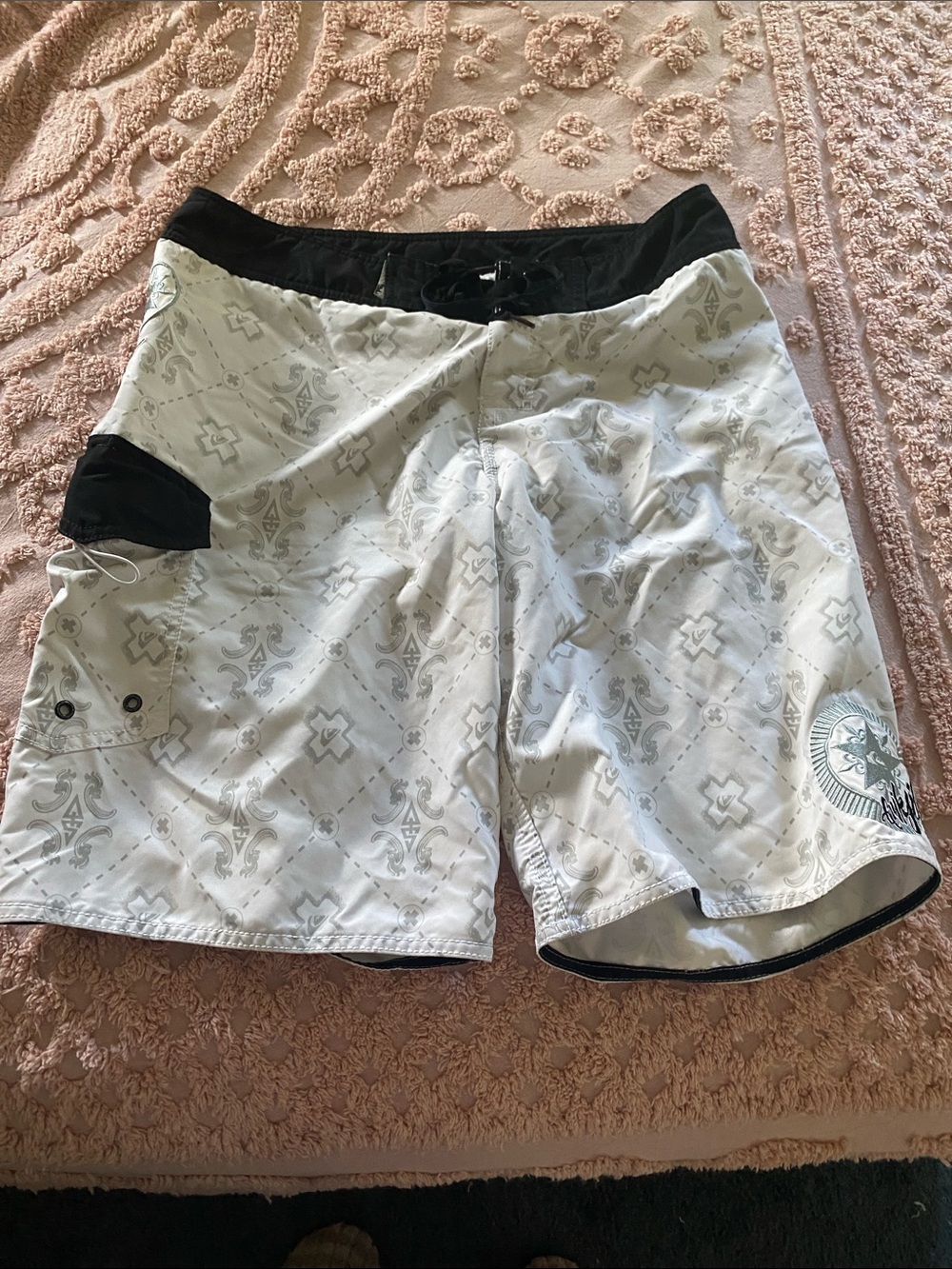 Quiksilver White and Black Patterned Hybrid Board Shorts